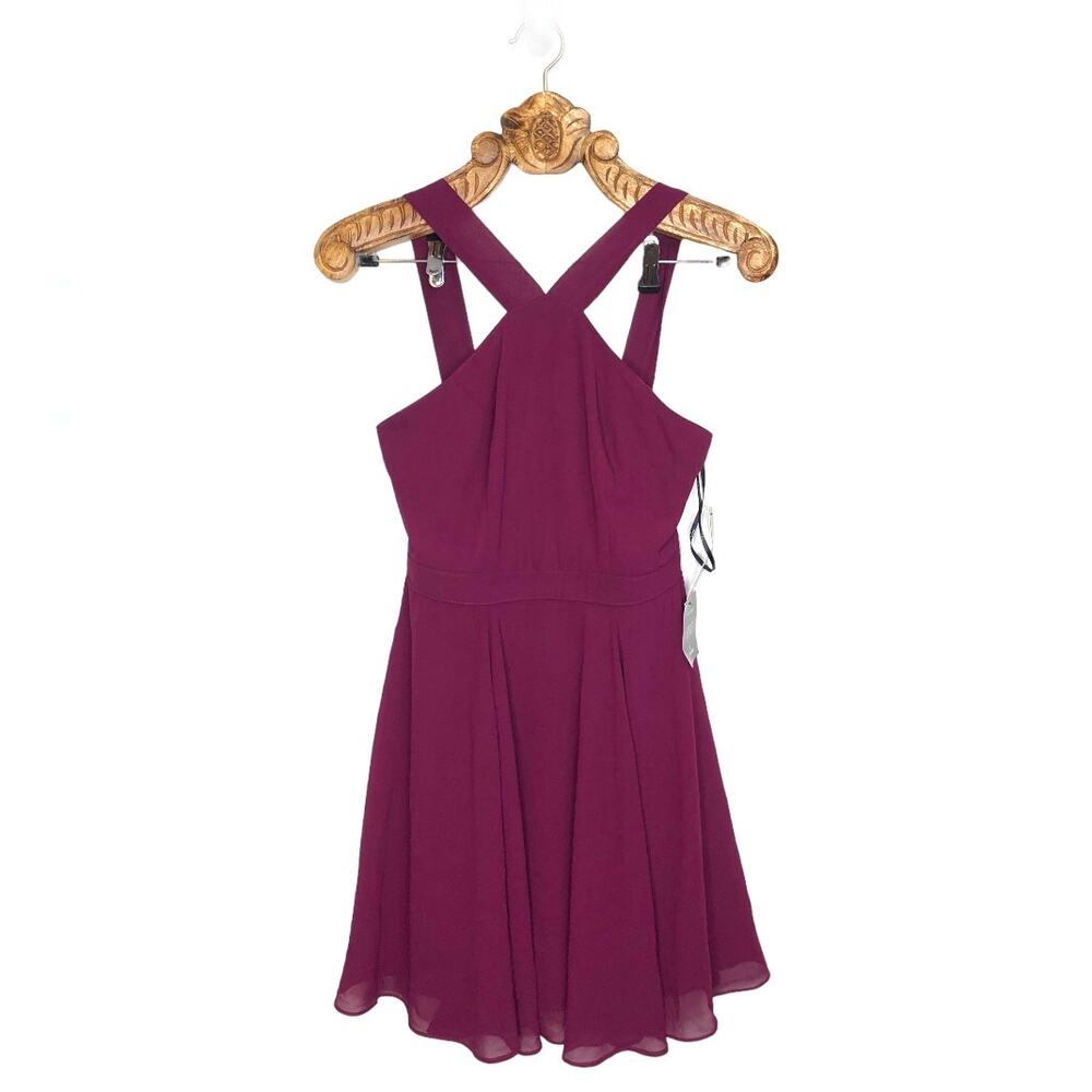 Lulus Dress Chiffon A Line Fit Flare Halter Mini Maroon Berry NEW